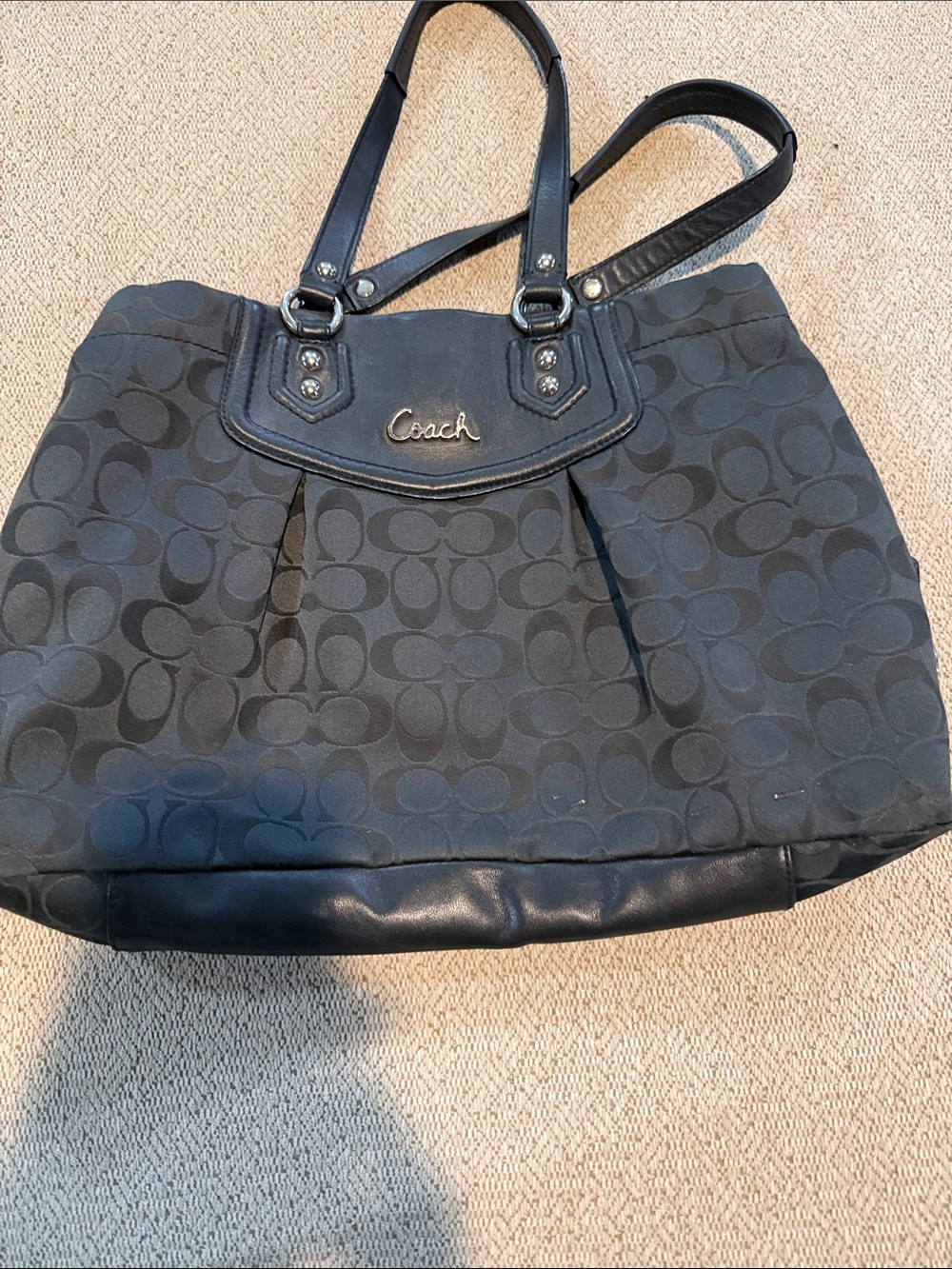 Coach Black Signature Jacquard Tote with Leather Trim
